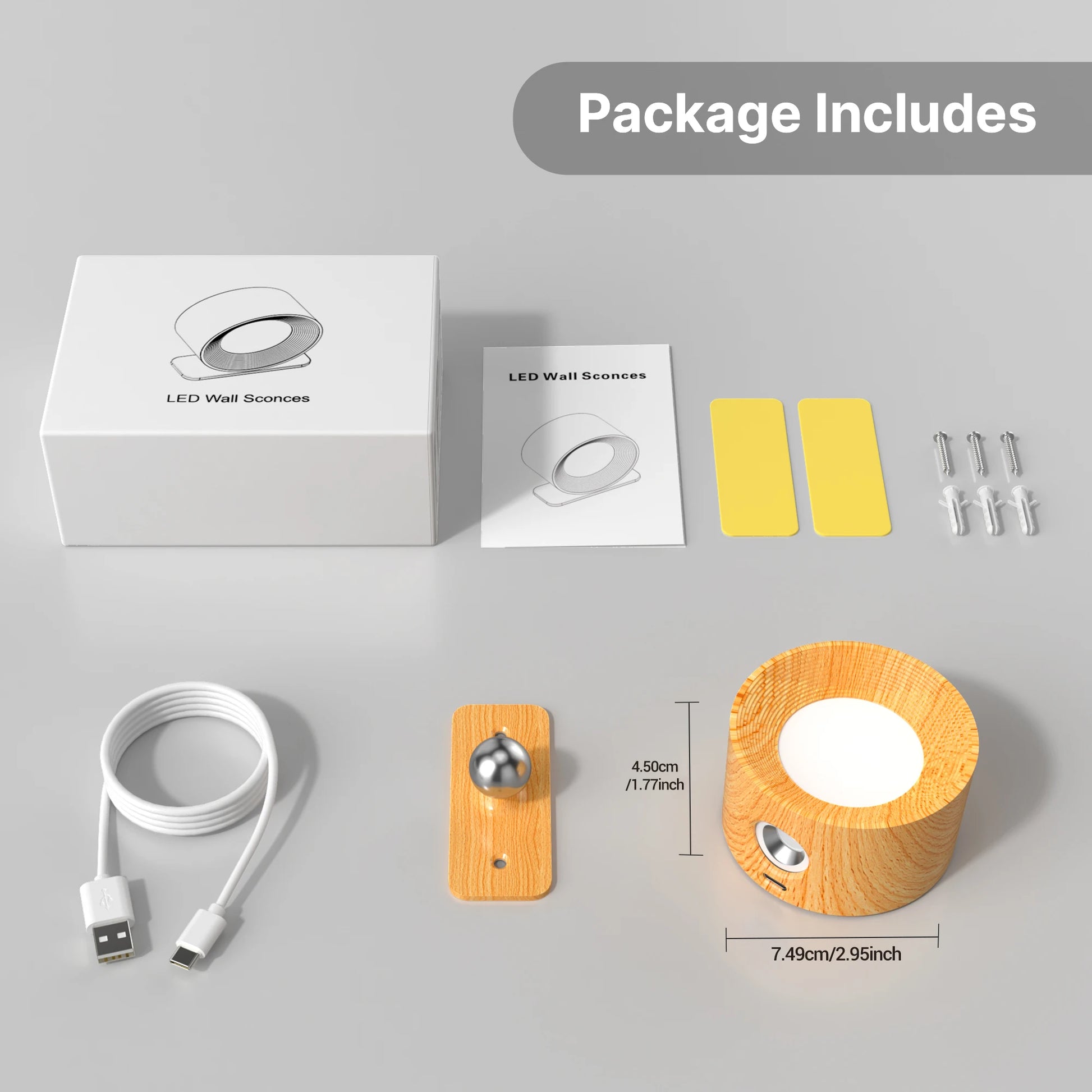 Wooden LED Wall Sconce, 360° Rotatable Dimmable ,Magnetic Touch Control, Rechargeable Battery Operated Magnetic Night Light